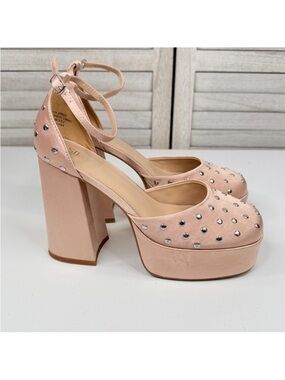 SILENT D "Grace" Platform Block Heel Satin Mary Jane Pumps w Silver Studs-Pink